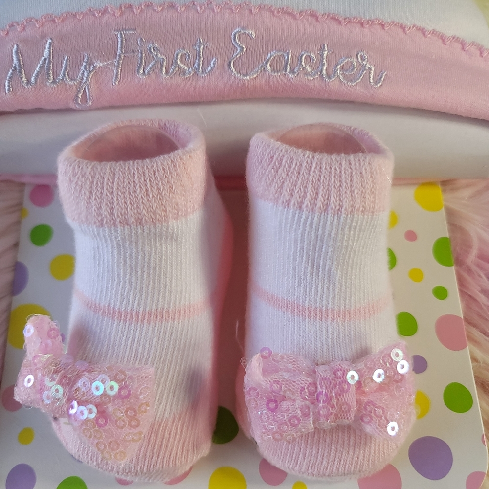 Little Me “My First Easter” Hat And Bootie Set 0-12 Mo. New With Tags Pink White - Picture 2 of 10